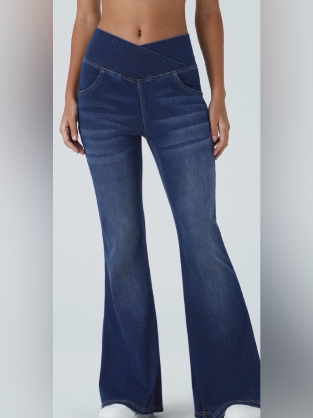 Halara Flex High Waisted Crossover Super Flare Jeans Washed Denim, Sz Medium